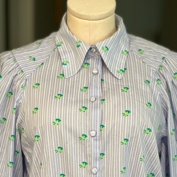 Zara Cotton, Button Down Striped Shirt with Floral Print and Puffy Sleeves - Picture 3 of 10